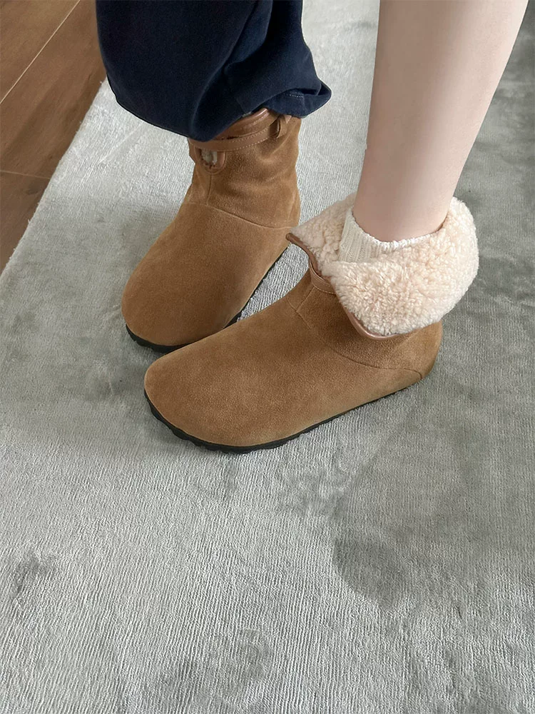 Phiên bản da bò ~ Giày bốt đi tuyết thời thượng và độc đáo dành cho nữ, kiểu dáng cổ điển với khóa thắt lưng, lót lông cừu, giày bốt cotton Birkenstock cổ điển có thể mang hai kiểu