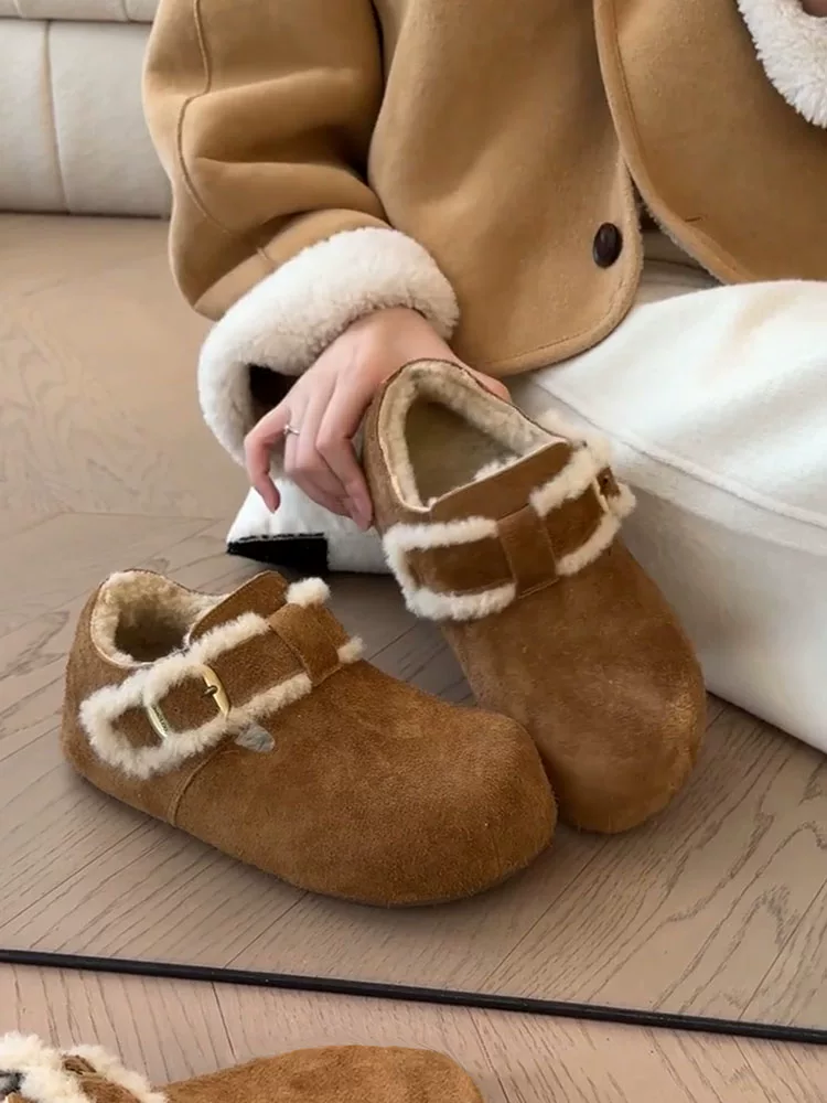 Phiên bản da cừu ~ Giày bốt Birkenstock tăng chiều cao có khóa thắt lưng cổ sâu kiểu cổ điển dành cho nữ, da lộn kiểu lười có lớp lót lông cừu, giày đơn mùa đông