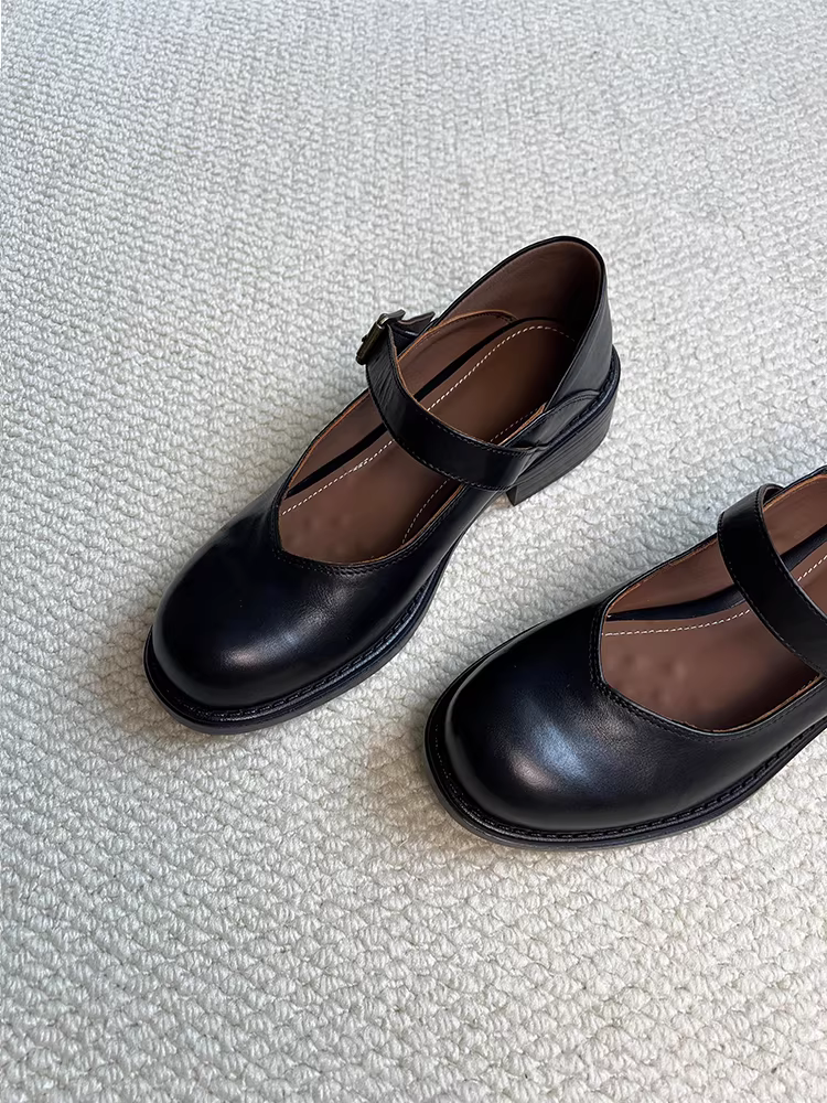 Phiên bản da cừu ~ Giày nữ đế dày bằng da thật, giày da nhỏ kiểu Anh cổ điển, mũi tròn, gót dày, giày Mary Jane có quai đơn.