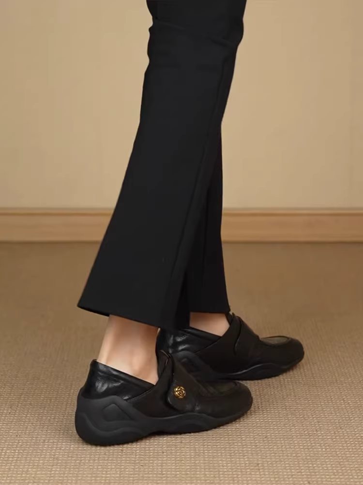 Phiên bản da cừu~ Giày múa ba lê kiểu Pháp dành cho nữ có khóa dán, giày lười không dây, giày da hoa trà đế dày