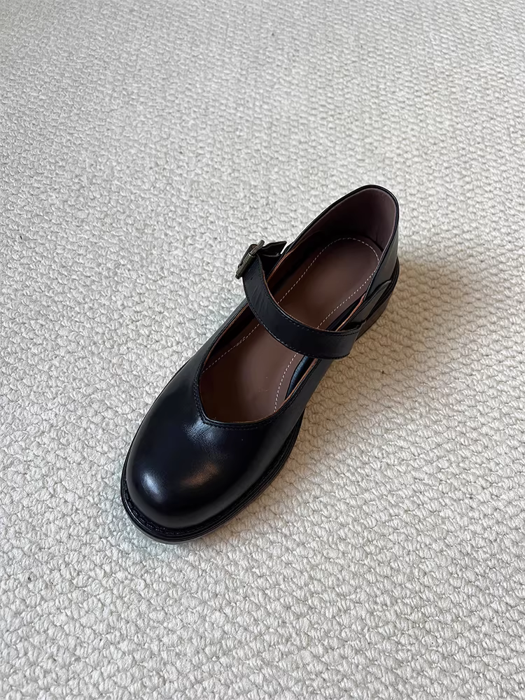Phiên bản da cừu ~ Giày nữ đế dày bằng da thật, giày da nhỏ kiểu Anh cổ điển, mũi tròn, gót dày, giày Mary Jane có quai đơn.