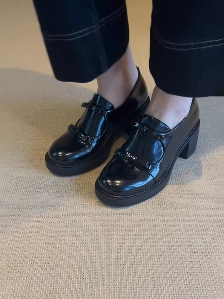 Phiên bản da cừu ~ Giày lười cao gót bằng da sáng chế dành cho nữ, giày đơn gót nhọn thắt nơ thanh lịch kiểu Pháp, giày da đen phong cách Anh