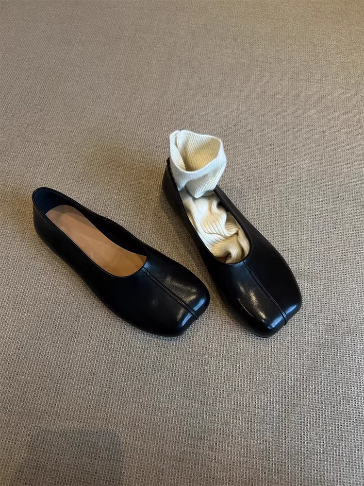 Phiên bản da cừu ~ Giày đơn giản kiểu retro dành cho nữ với thiết kế mũi vuông, giày ba lê đế bằng đa năng bằng da thật