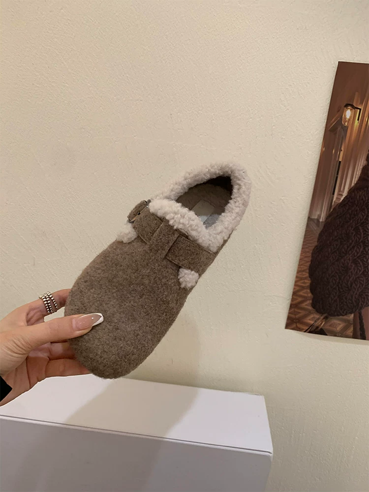 Phiên bản da cừu ~ Giày Birkenstock cổ điển bằng len màu xám dành cho nữ, giày đế bằng bằng lông cừu ấm áp và mềm mại dành cho mùa thu đông.