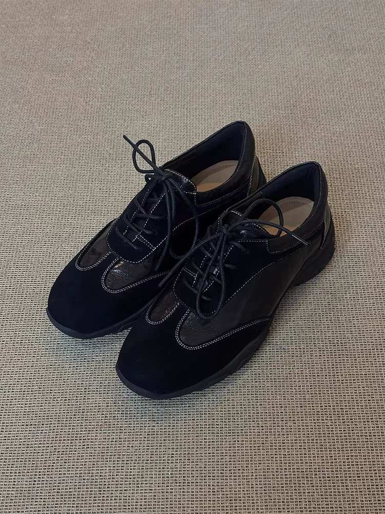 Phiên bản da cừu ~ Giày tập thể thao đế dày kiểu đại học dành cho nữ, giày thường đa năng có dây buộc sâu, giày đơn phối da thật.