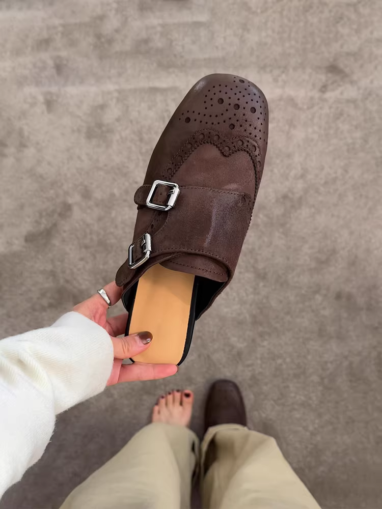 Phiên bản da cừu ~ Giày da thật màu đen có mũi kín, kiểu dáng cổ điển, đa năng, mũi vuông, kiểu brogue nửa dép dành cho nữ