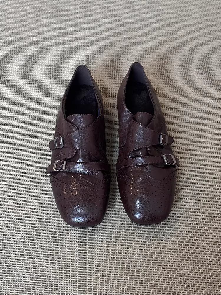 Phiên bản da cừu ~ Giày lười đế mềm thoải mái được chạm khắc thời trang dành cho nữ, giày da đế bằng mũi vuông kiểu brogue