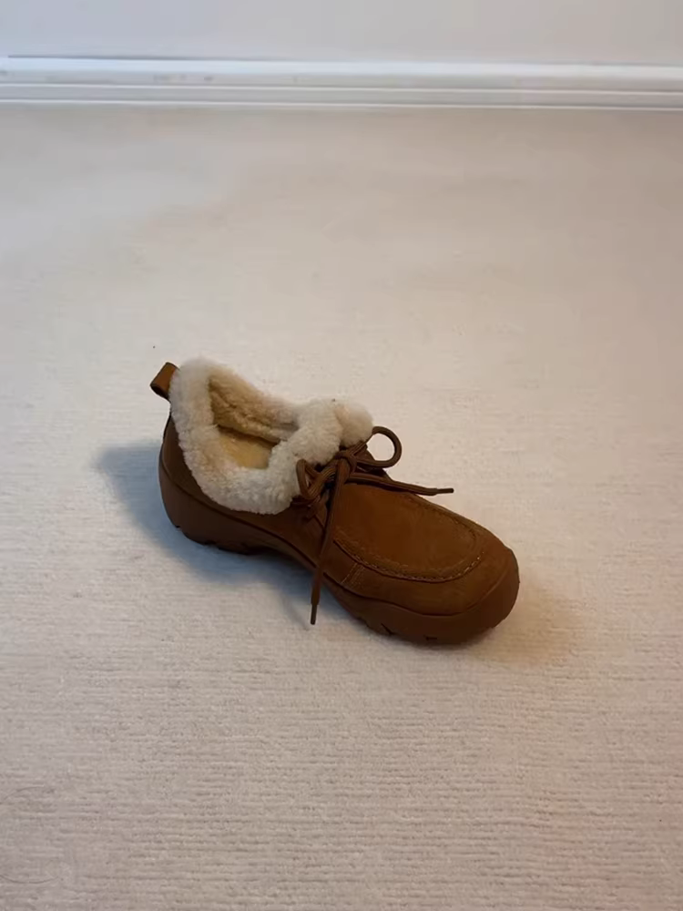 Phiên bản da cừu ~ Giày lông cừu đế dày bằng da lộn thời trang mùa đông dành cho nữ, giày lười đi làm đơn giản có dây buộc lót lông cừu