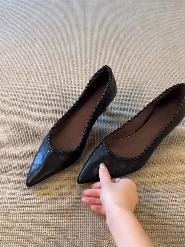 Phiên bản da cừu ~ Giày cao gót đi làm thanh lịch kiểu Pháp dành cho nữ, giày đơn bằng da thật dệt mũi nhọn kiểu dáng độc đáo