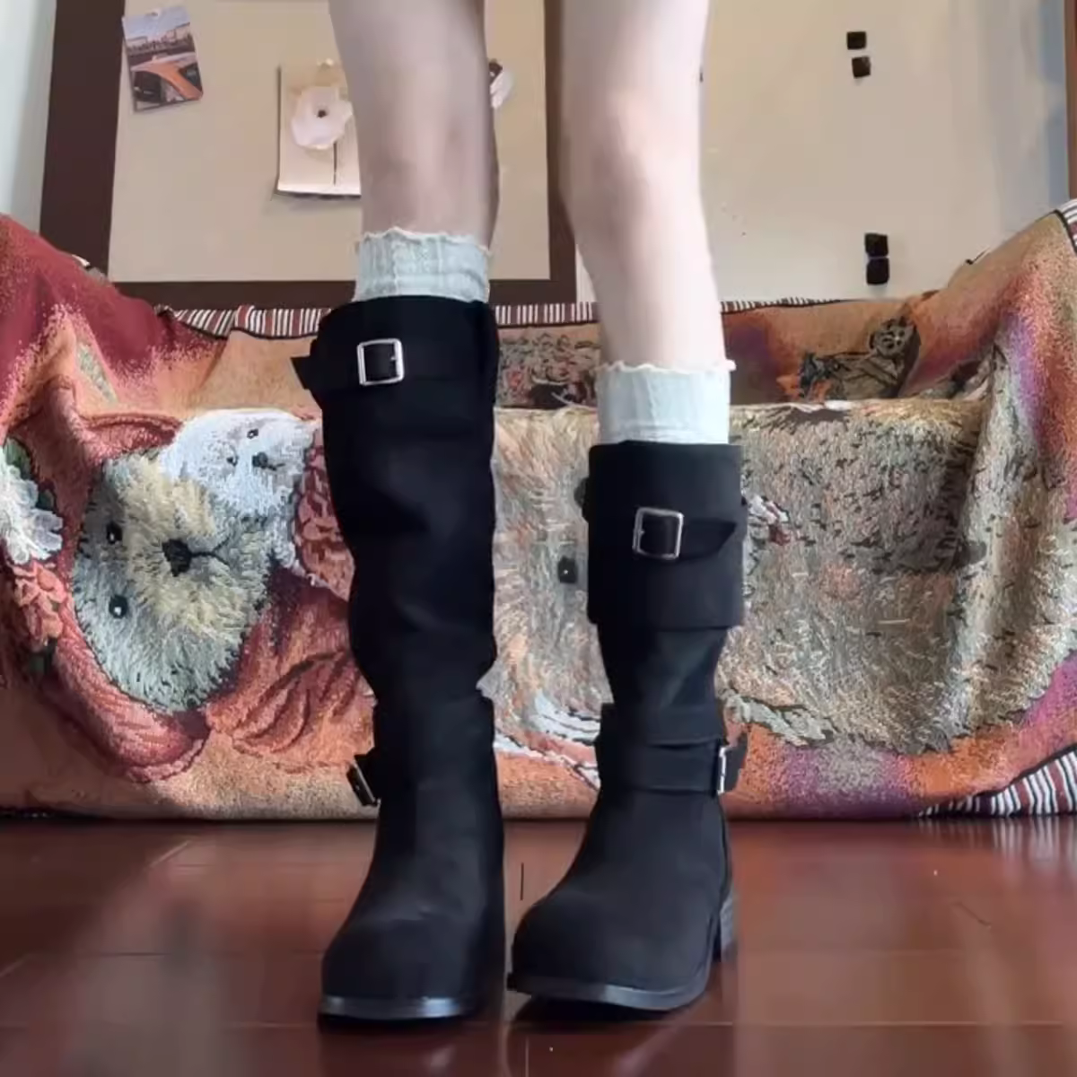 Phiên bản da bò ~ Giày bốt thời trang xếp ly dành cho nữ với gót dày, tôn dáng, da mềm đa năng, bốt dài, bốt kiểu miền Tây, bốt cao cổ đi xe