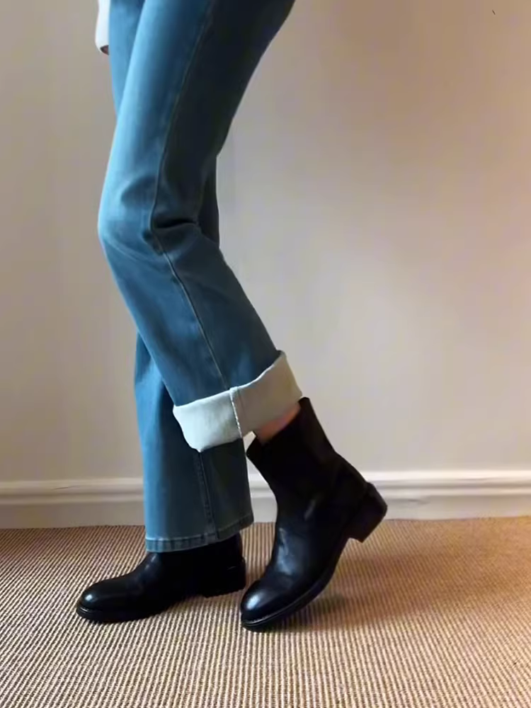 Phiên bản da bò ~ Giày bốt ngắn da thật đơn giản và thanh lịch dành cho nữ có khóa kéo bên hông, gót thấp, đa năng khi đi làm, bốt ôm dáng thời trang.