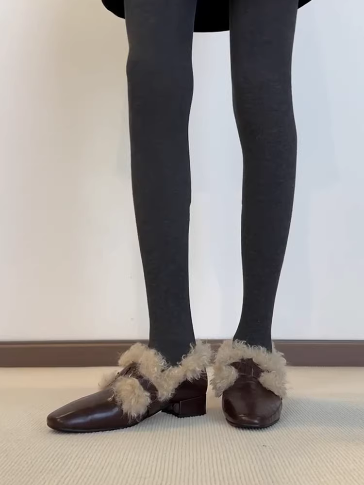 Phiên bản da cừu ~ Giày lười lông mịn kiểu Pháp bằng da thật dành cho nữ có khóa thắt lưng, mũi vuông, gót dày, giày da đi làm