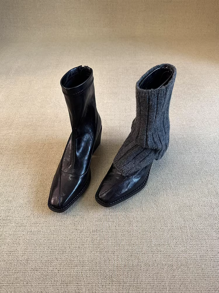 Phiên bản da bò ~ Giày bốt ngắn gót vuông mũi vuông thanh lịch và tôn dáng dành cho nữ có khóa kéo phía sau, da thật, bốt thon gọn co giãn đơn giản và thời trang.
