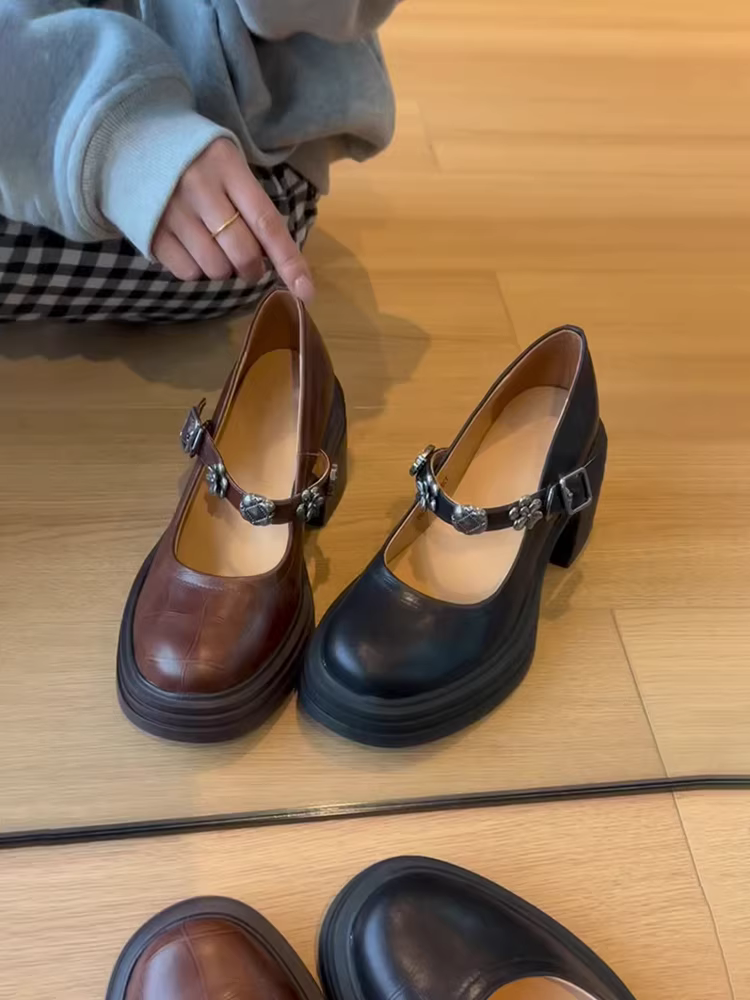 Phiên bản da bò ~ Giày cao gót Mary Jane kiểu Pháp có khóa, da thật, tăng chiều cao, đa năng, giày da nữ kiểu dáng mới