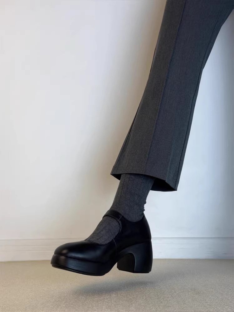 Phiên bản da cừu ~ Giày Mary Jane cao gót có khóa, giày da đế dày tăng chiều cao, giày đơn mũi tròn da thật đa năng dành cho nữ