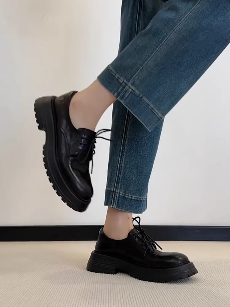 Phiên bản da cừu ~ Giày da nhỏ kiểu cổ điển dành cho nữ, giày đơn đế dày buộc dây cắt sâu, giày lười da thật đa năng mới