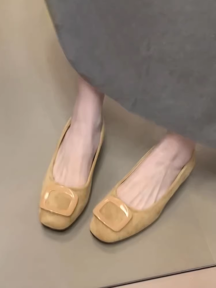 Phiên bản da cừu ~ Giày lười mũi vuông kiểu cổ điển của Pháp dành cho nữ có độ tăng chiều cao ẩn, giày lười da lộn có khóa vuông, giày dạ hội thanh lịch.