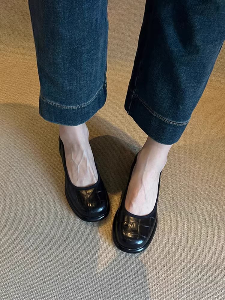 Phiên bản da cừu ~ Giày da thật cổ nông kiểu cổ điển dành cho nữ, mũi tròn, gót dày, giày Mary Jane kiểu dáng Anh, giày da nhỏ kiểu Anh