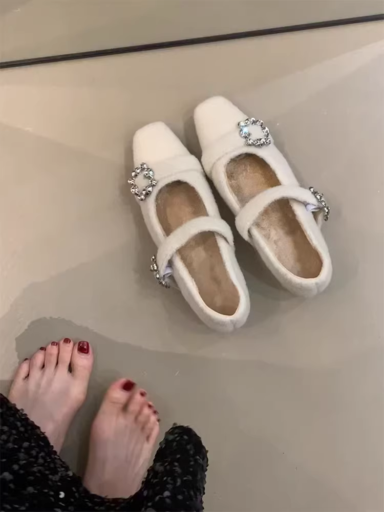 Phiên bản da cừu ~ Giày đơn có dây đeo kiểu cổ tích kiểu Pháp, mũi vuông, lót lông cừu, tăng chiều cao dành cho nữ, giày Mary Jane nhẹ nhàng