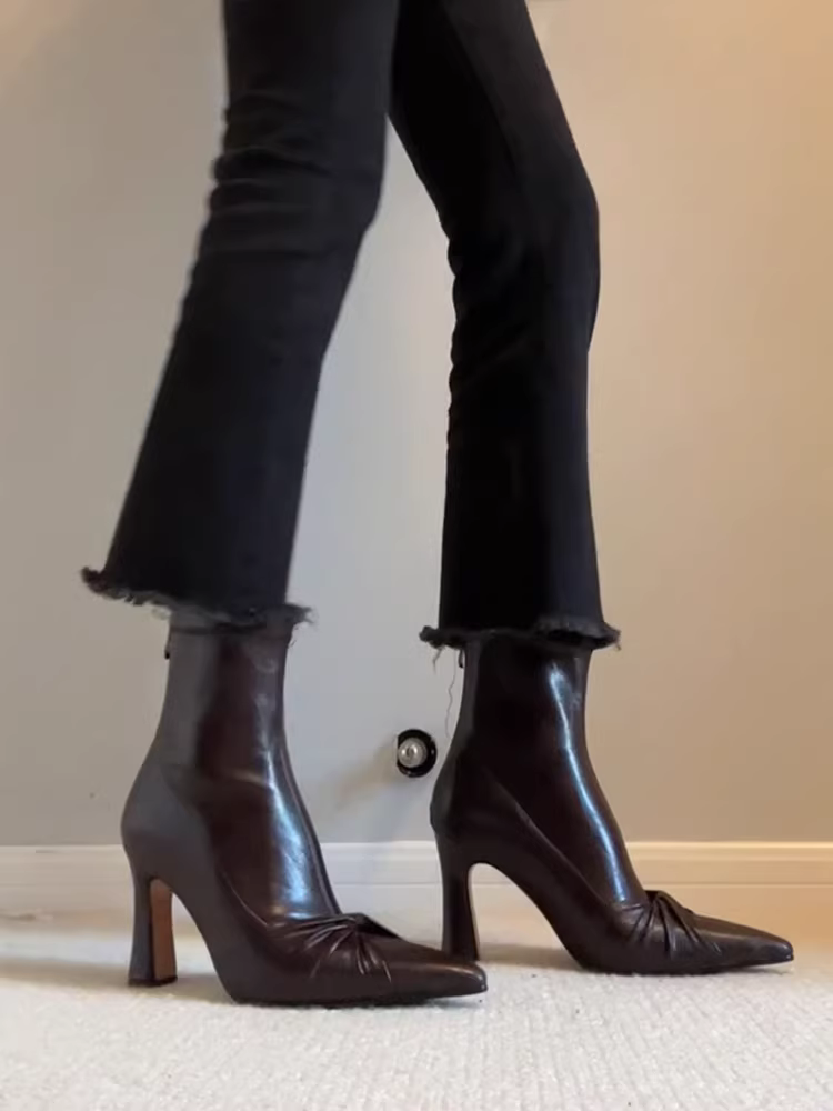 Phiên bản da bò ~ Giày bốt cao gót mũi nhọn có khóa kéo phía sau bằng da thật dành cho nữ, giày bốt ngắn cao gót thanh lịch có nơ thời trang.