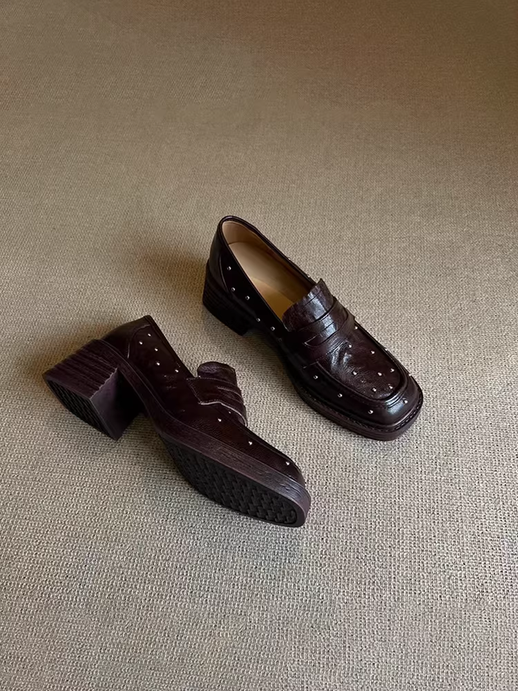 Phiên bản da cừu ~ giày lười đế dày đa năng có đế dày, mũi vuông, giày da thật kiểu slip-on dành cho nữ