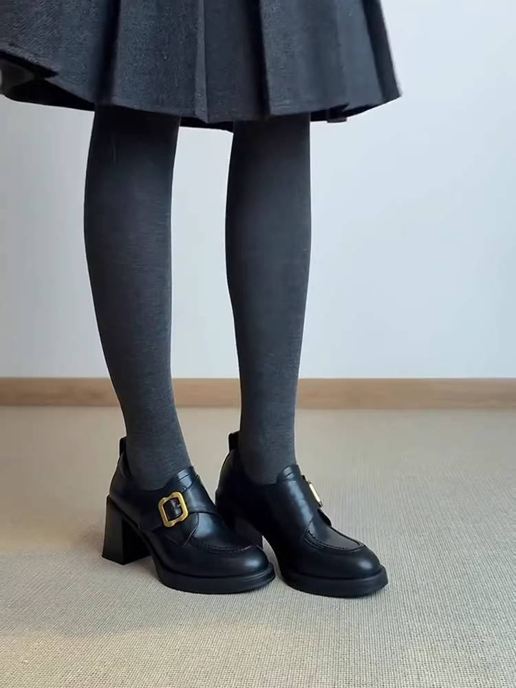 Phiên bản da cừu ~ Giày lười đế dày màu đen phong cách cổ điển của Anh dành cho nữ, giày da cao gót có khóa thắt lưng kiểu dáng cổ điển