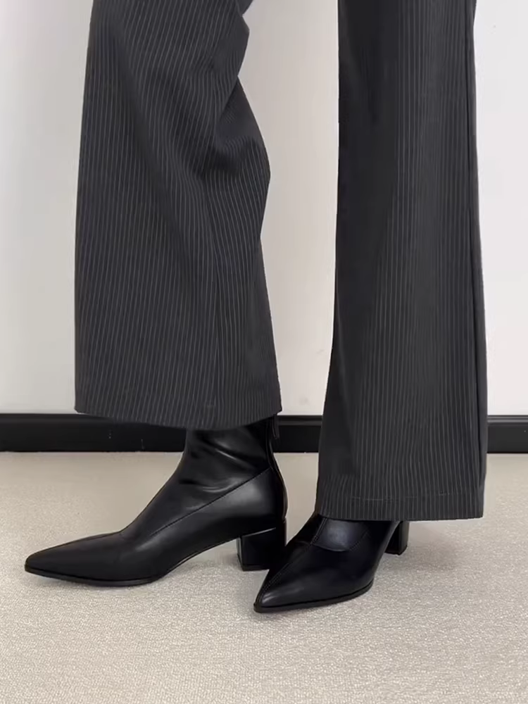 Phiên bản da cừu ~ Giày bốt ngắn có khóa kéo phía sau bằng da thật kiểu Anh kiểu Pháp dành cho nữ, mũi nhọn, giày bốt dáng ôm thanh lịch và thời trang