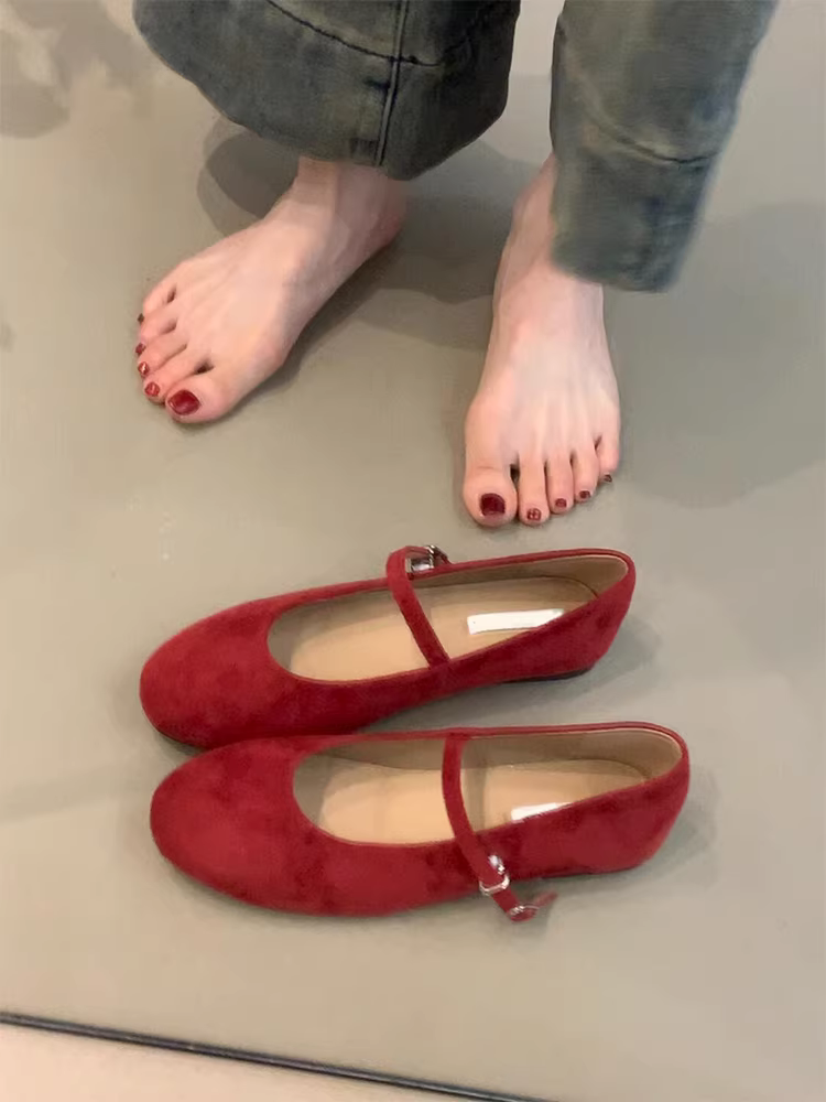 Phiên bản da cừu ~ Giày Mary Jane đế bằng da lộn da thật kiểu cổ điển của Pháp dành cho nữ với một dây đeo duy nhất và lỗ hở nông để đi ngoài trời, giày múa ba lê.