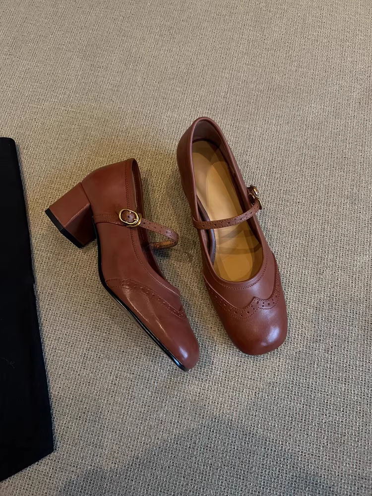 Phiên bản da cừu ~ Giày Mary Jane đế dày, quai đơn, kiểu dáng đa năng dành cho nữ, giày bệt da thật kiểu retro, mũi vuông, kiểu brogue