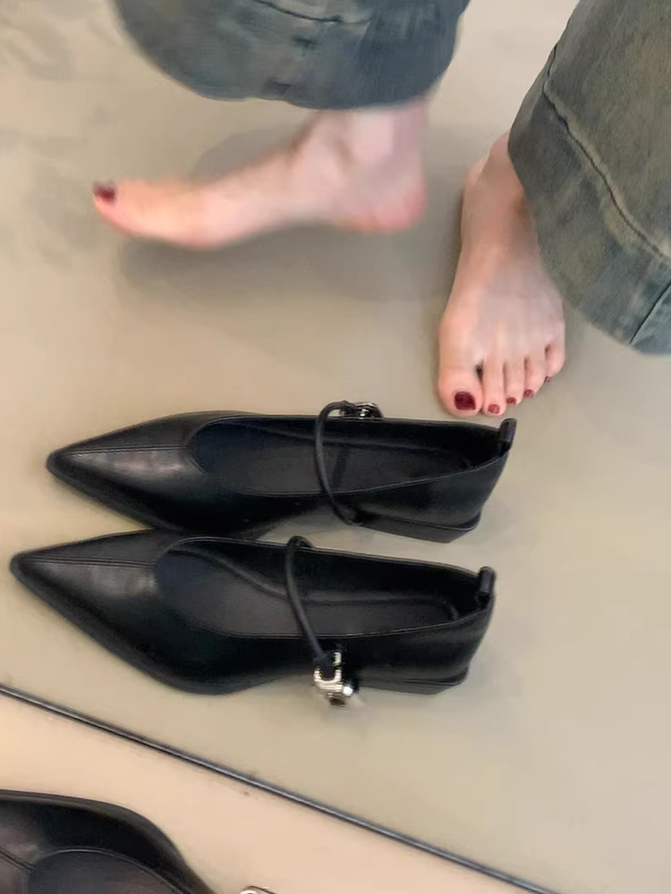 Phiên bản da cừu ~ Giày Mary Jane mũi nhọn kiểu cổ điển dành cho nữ có khóa, giày đế thấp bằng da thật có gót dày.