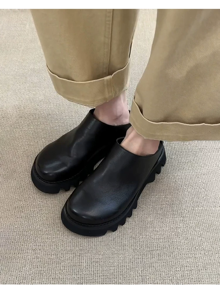 Phiên bản da cừu ~ Giày mule mũi rộng đế dày dành cho nữ, giày Birkenstock kiểu retro bằng da thật dành cho nữ, giày mũi kín kiểu slip-on để đi ngoài trời