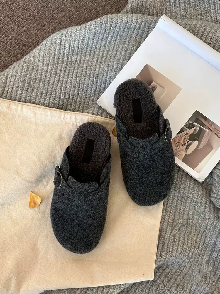 Phiên bản da cừu ~ Giày Birkenstock đế bằng đơn giản dành cho nữ với lớp lót lông mềm, giày lười mũi kín kiểu retro bằng chất liệu da lộn