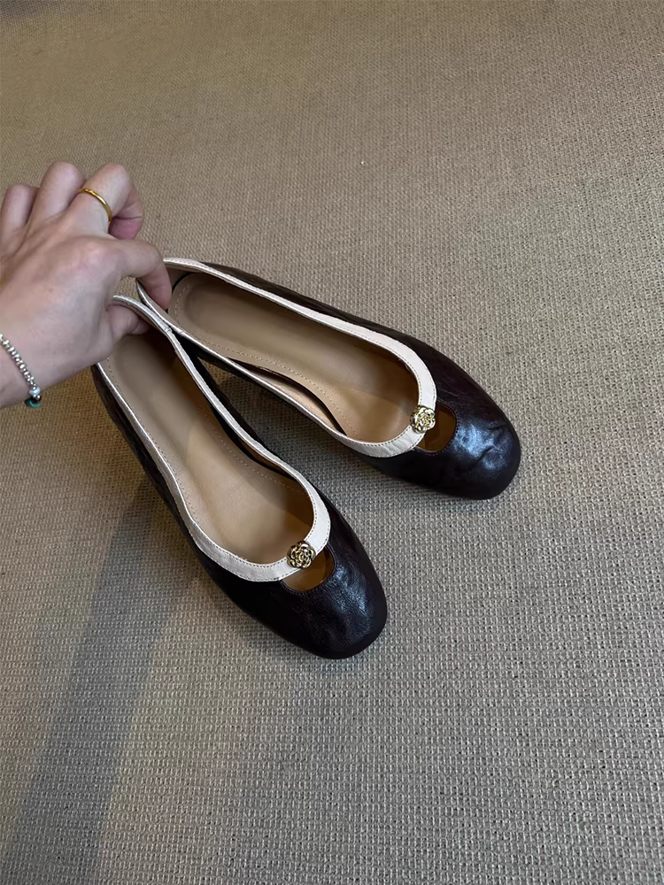 Phiên bản da cừu ~ Giày bệt hoa trà dành cho nữ, giày Mary Jane mũi tròn nông kiểu Chanel cổ điển kiểu Pháp