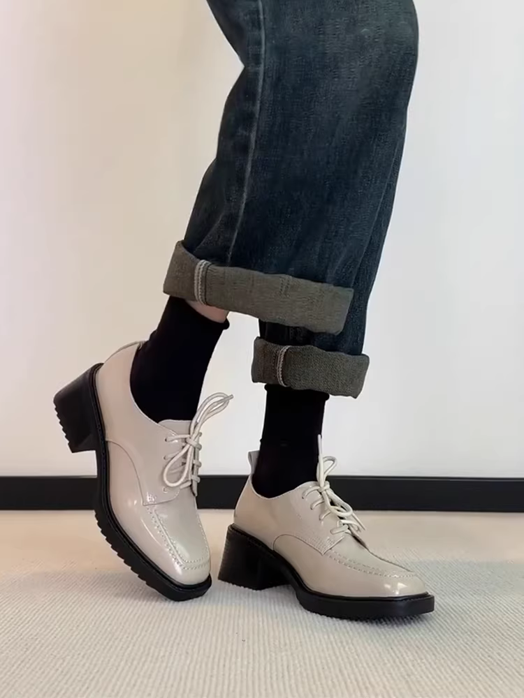Phiên bản da cừu ~ Giày lười đế dày mũi tròn kiểu Anh bằng da sáng chế dành cho nữ, giày da đế dày buộc dây đơn giản, kiểu dáng sâu, thích hợp đi làm