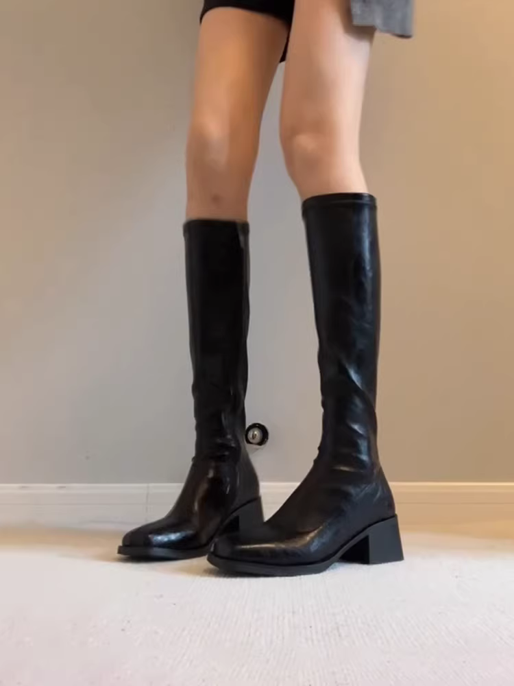 Phiên bản da bò ~ Giày bốt cưỡi ngựa có gót dày đàn hồi giúp thon gọn dáng người dành cho nữ, giày bốt cao quá đầu gối mũi vuông cổ điển bằng da thật có khóa kéo bên hông đa năng