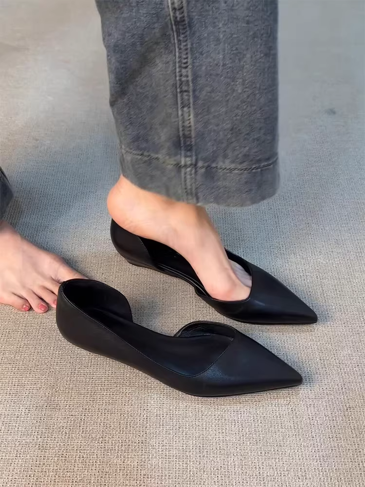 Phiên bản da cừu ~ Giày lười da thật đơn giản, hở hai bên, gót thấp, mũi nhọn, thanh lịch và đa năng khi đi làm và đi làm.