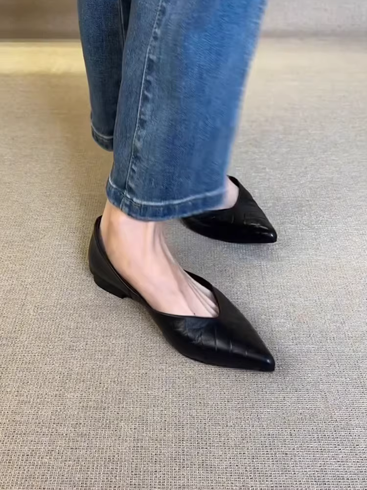 Phiên bản da cừu ~ Giày mũi nhọn đi làm bằng da mềm thoải mái dành cho nữ, giày đế bằng nông đơn giản kiểu cổ điển kiểu cổ điển