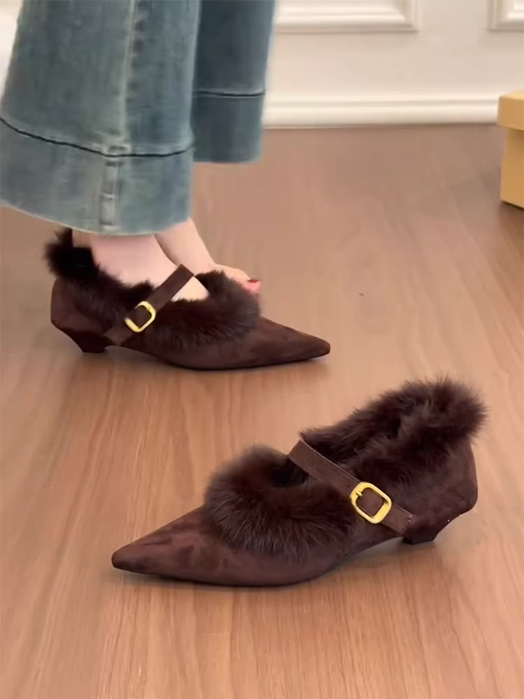 Phiên bản da cừu ~ Giày đế bệt kiểu dáng cổ điển Melard dành cho nữ với mũi nhọn và giày Mary Jane lông mềm