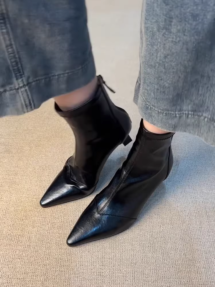 Phiên bản da bò ~ Giày bốt ngắn cao gót mũi nhọn sành điệu dành cho nữ, bốt da thật kiểu Pháp co giãn ôm dáng, bốt Martin đa năng giúp thon gọn.
