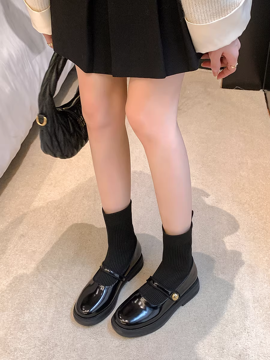 Giày bốt nữ, bốt dệt kim dáng ôm, bốt đế bằng da thật, bốt ngắn mùa xuân thu, bốt Martin màu nâu, bốt kiểu Mary Jane.