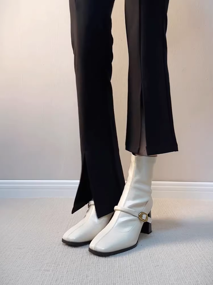 Phiên bản da bò ~ Giày bốt thon gọn mũi vuông kiểu Anh dành cho nữ, giày bốt ngắn đi làm có dây kéo phía sau đơn giản, gót dày