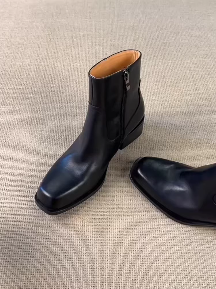 Phiên bản da bò ~ Giày Chelsea cổ điển, phong cách và sành điệu dành cho nữ với mũi vuông, khóa kéo bên hông, da thật, phong cách Anh đơn giản, giày bốt ngắn đa năng