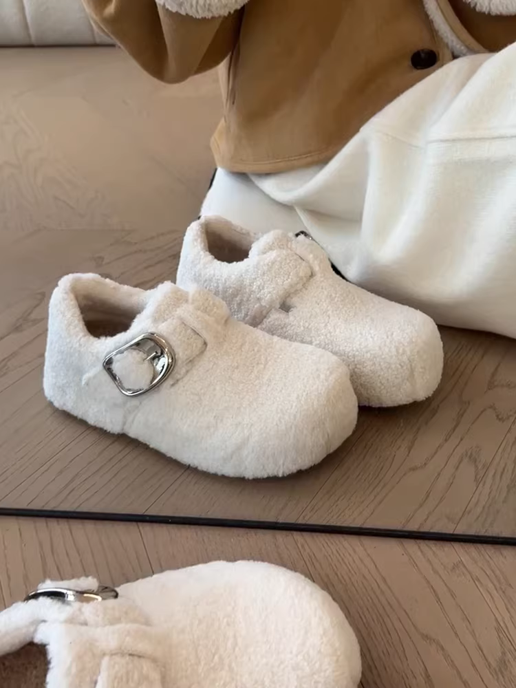 Phiên bản da cừu ~ Giày Birkenstock lót lông ấm áp mùa thu đông dành cho nữ, giày lười đế dày một quai khoét sâu dành cho người nhỏ nhắn.