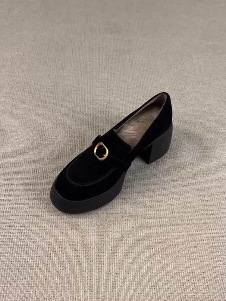 Phiên bản da cừu ~ Giày lười da thật cổ điển đa năng dành cho phụ nữ nhỏ nhắn, quai đơn, đế dày, tăng chiều cao, giày da lộn đơn giản