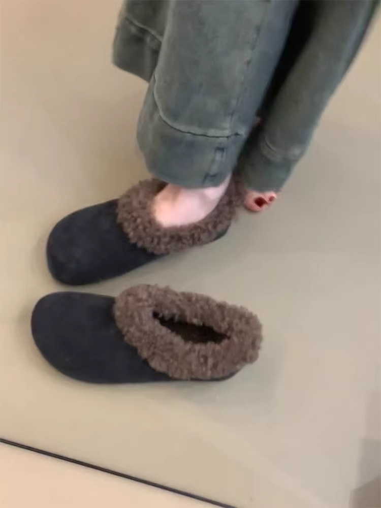 Phiên bản da cừu ~ Giày Birkenstock da lộn kiểu lười, đơn giản và đa năng dành cho nữ, giày cotton lót lông mềm kiểu retro, dễ mang