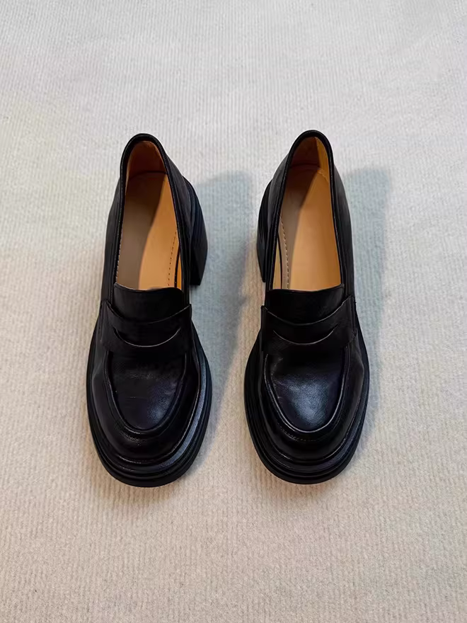 Phiên bản da cừu ~ Giày lười đế dày đế dày bằng da thật dành cho nữ, phong cách cổ điển, giày da đơn giản kiểu dáng đơn giản tăng chiều cao dành cho người nhỏ nhắn.