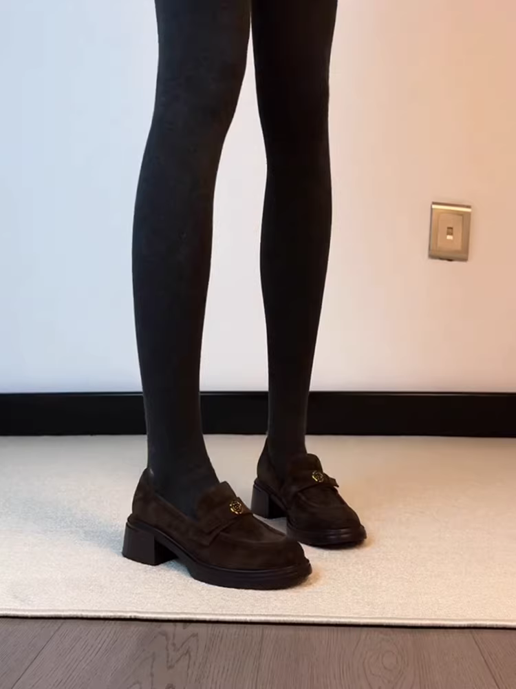 Phiên bản da bò ~ Giày lười da lộn màu nâu Melard đa năng dành cho nữ, giày đơn mũi tròn gót dày kiểu cổ điển đại học