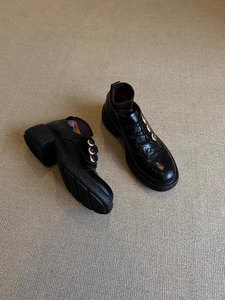 Phiên bản da cừu ~ Giày da đế dày đa năng phong cách Hepburn của Pháp dành cho nữ, giày lười da thật có gót tròn kiểu cổ điển có nút gót dày