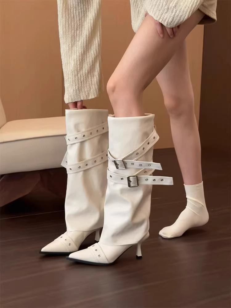 Phiên bản da bò ~ Giày cao gót đa năng có khóa thắt lưng thiết kế độc đáo dành cho nữ với mũi nhọn và gót mỏng, giày bốt thanh lịch