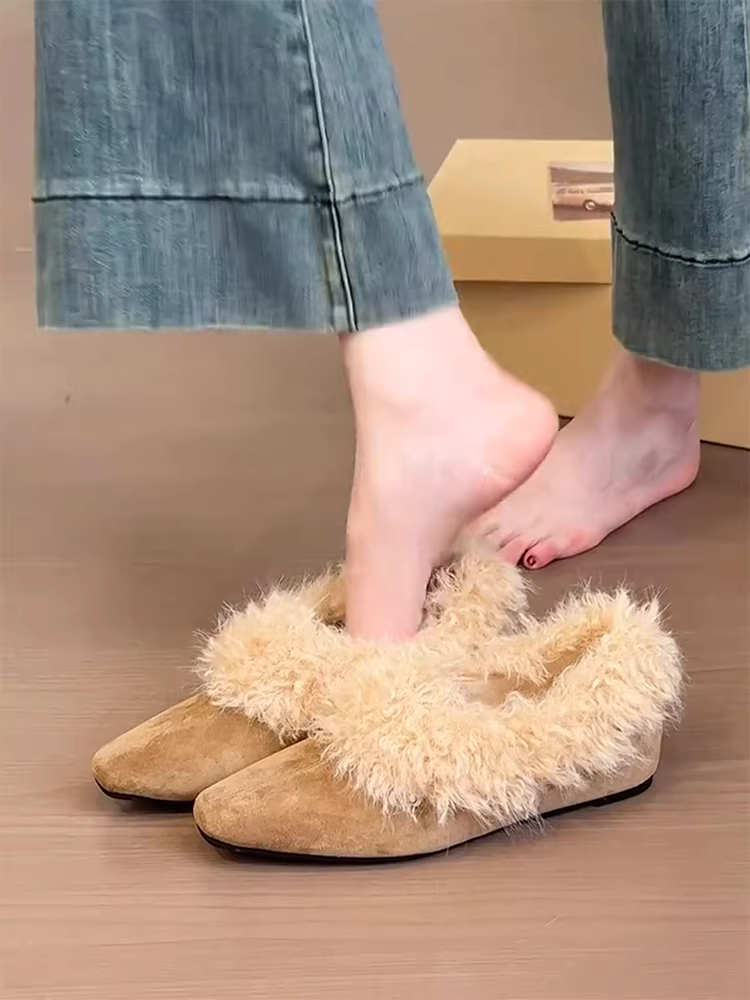 Phiên bản da cừu ~ Giày lông mùa thu đông dành cho nữ, giày lười đơn giản bằng da lộn, giày đế bằng ấm áp, giày cotton cổ điển mũi vuông dành cho nữ